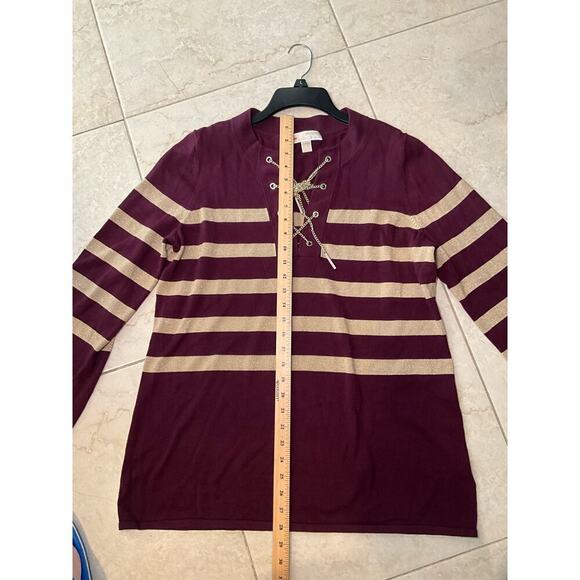 Micheal Kors Lace-Up Sweater Stripe Knit Pullover Metallic Burgundy Gold Size XL - Picture 4 of 6